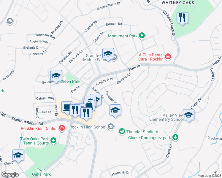 map of restaurants, bars, coffee shops, grocery stores, and more near 4842 Blaydon Road in Rocklin