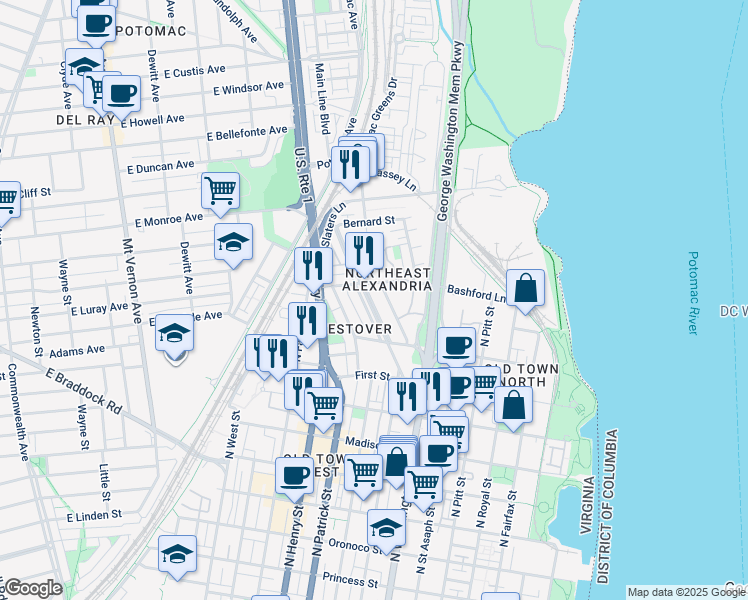 map of restaurants, bars, coffee shops, grocery stores, and more near 1211 Powhatan Street in Alexandria