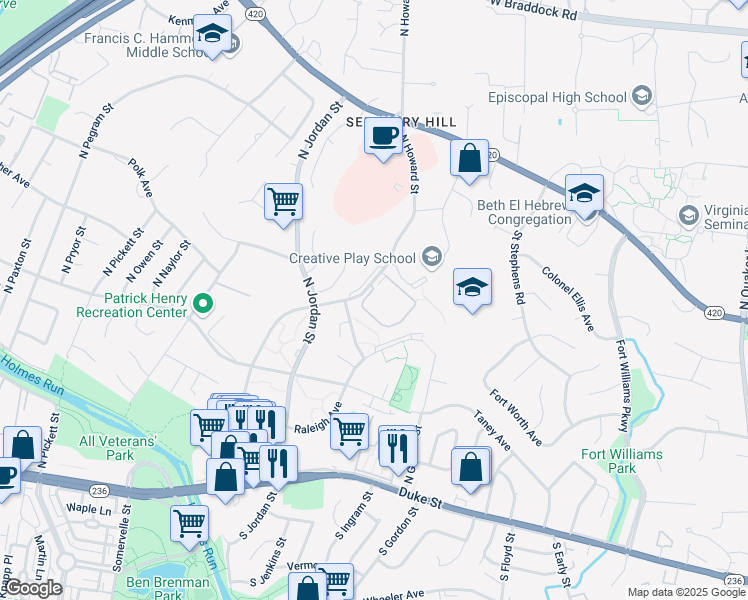 map of restaurants, bars, coffee shops, grocery stores, and more near 807 North Howard Street in Alexandria