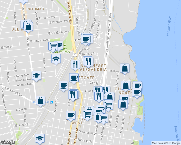map of restaurants, bars, coffee shops, grocery stores, and more near 1211 Powhatan Street in Alexandria