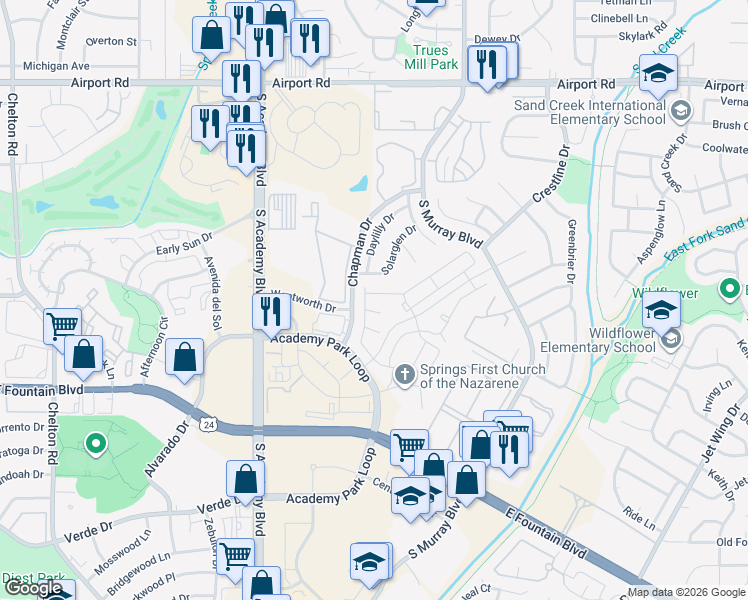 map of restaurants, bars, coffee shops, grocery stores, and more near 4095 Solarglen Drive in Colorado Springs