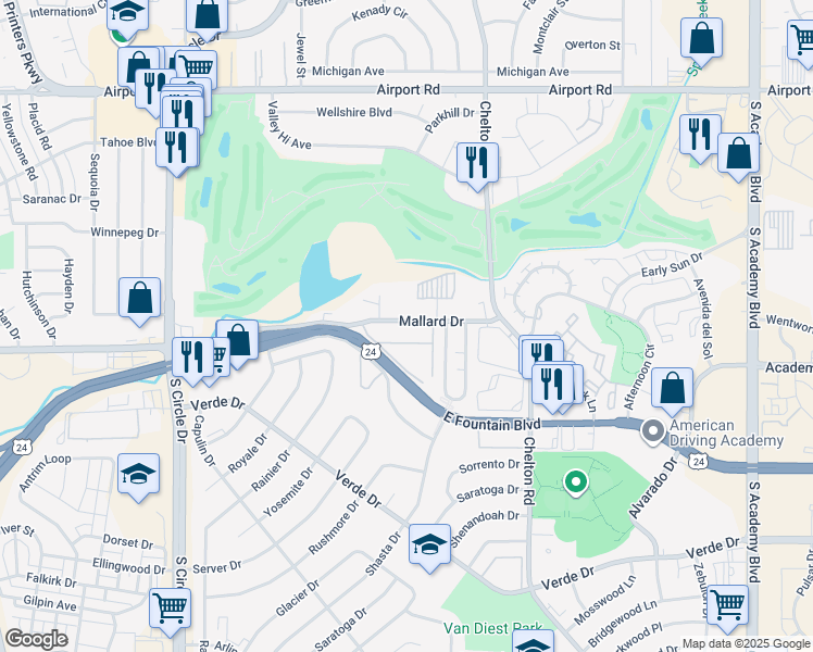 map of restaurants, bars, coffee shops, grocery stores, and more near 3110 Mallard Drive in Colorado Springs