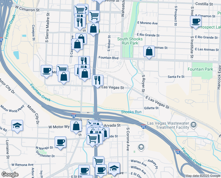 map of restaurants, bars, coffee shops, grocery stores, and more near 314 East Las Vegas Street in Colorado Springs