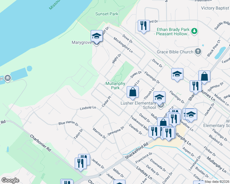 map of restaurants, bars, coffee shops, grocery stores, and more near 2460 Mullanphy Road in Florissant