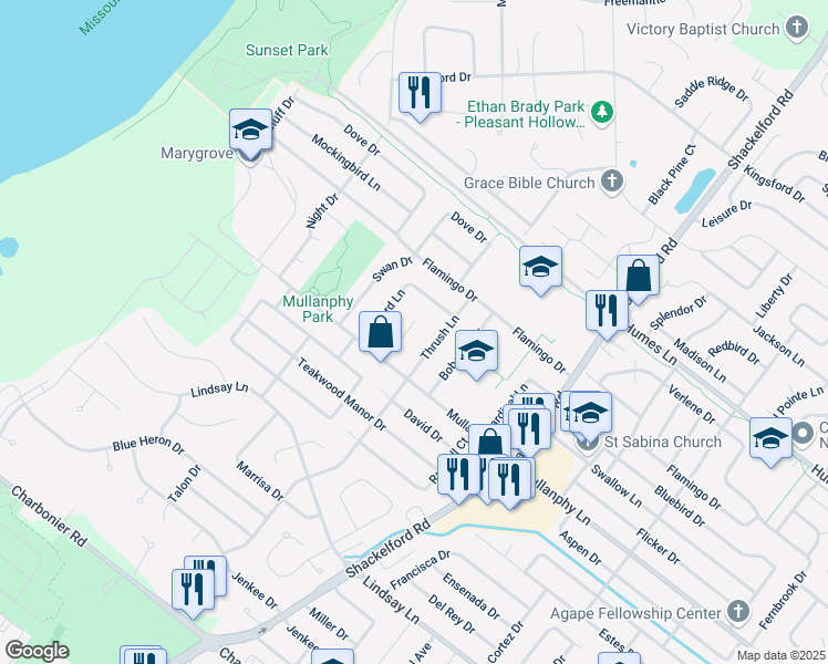 map of restaurants, bars, coffee shops, grocery stores, and more near 1345 Parakeet Lane in Florissant