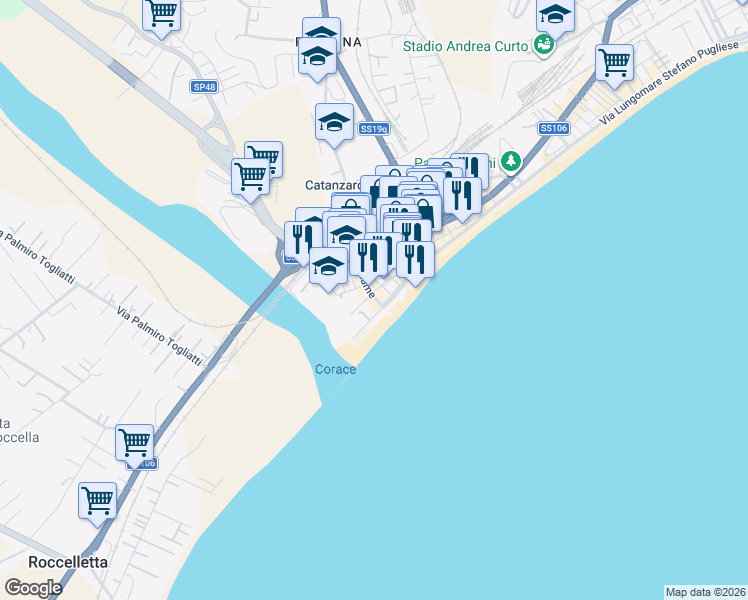 map of restaurants, bars, coffee shops, grocery stores, and more near 25 Traversa Fiume in Catanzaro