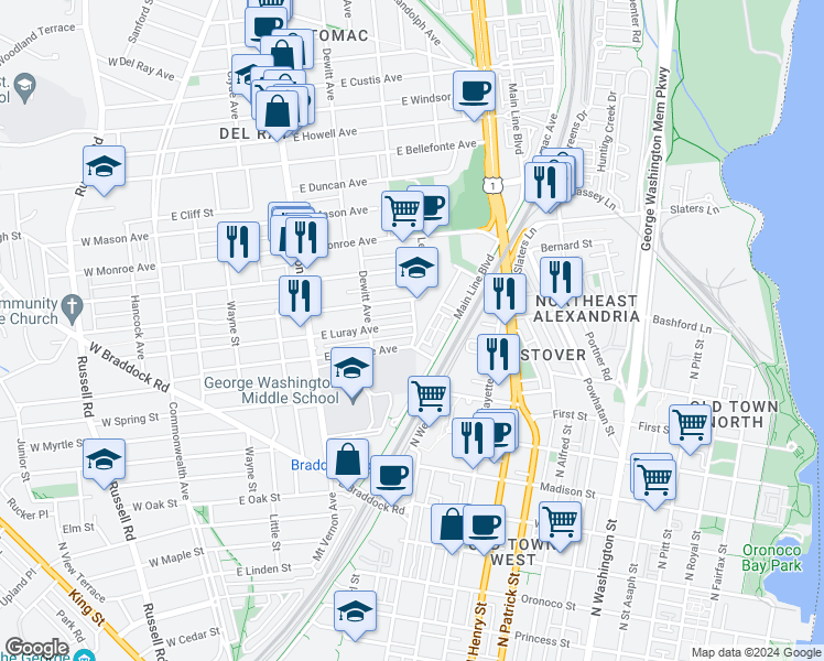 map of restaurants, bars, coffee shops, grocery stores, and more near 543 East Luray Avenue in Alexandria