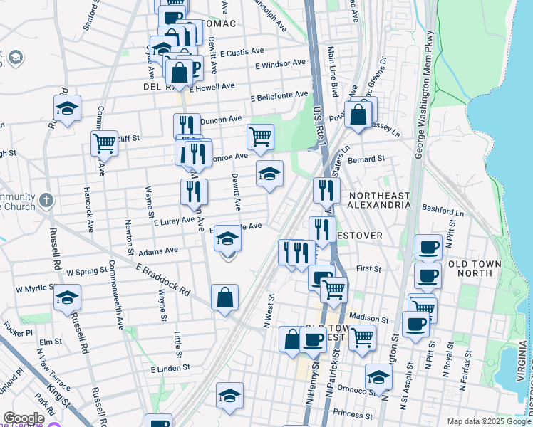 map of restaurants, bars, coffee shops, grocery stores, and more near 543 East Luray Avenue in Alexandria