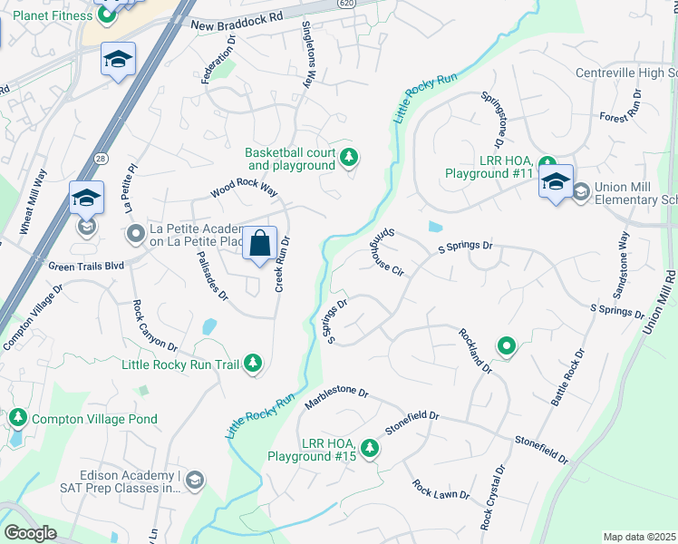 map of restaurants, bars, coffee shops, grocery stores, and more near 13913 Springhouse Court in Clifton