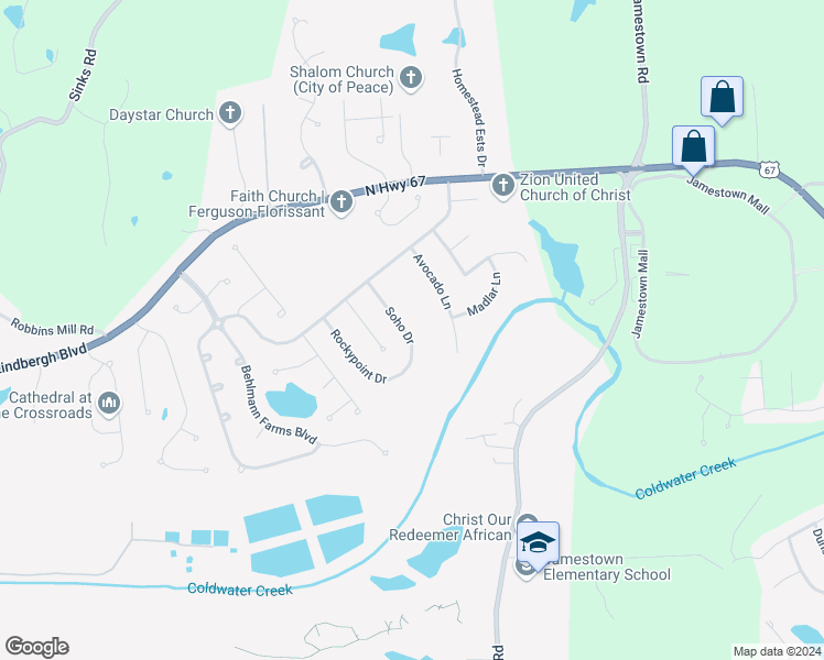 map of restaurants, bars, coffee shops, grocery stores, and more near 14511 Soho Drive in Florissant