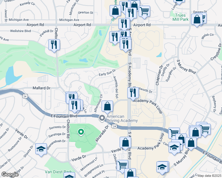 map of restaurants, bars, coffee shops, grocery stores, and more near 926 Acapulco Court in Colorado Springs
