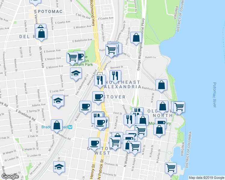 map of restaurants, bars, coffee shops, grocery stores, and more near 1212 Powhatan Street in Alexandria