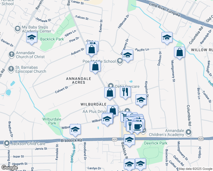 map of restaurants, bars, coffee shops, grocery stores, and more near 4906 Van Walbeek Place in Annandale