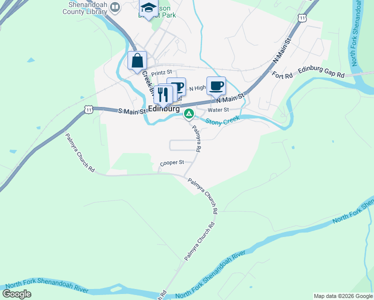 map of restaurants, bars, coffee shops, grocery stores, and more near 106 Massanutten St in Edinburg