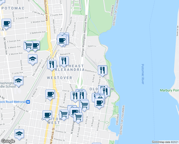 map of restaurants, bars, coffee shops, grocery stores, and more near 612 Bashford Lane in Alexandria