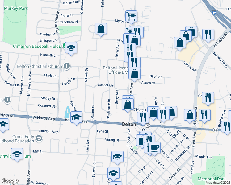 map of restaurants, bars, coffee shops, grocery stores, and more near 210 Berry Avenue in Belton