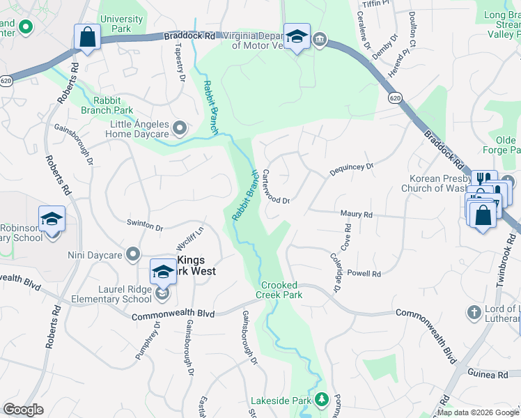 map of restaurants, bars, coffee shops, grocery stores, and more near 9519 Marcus Court in Fairfax