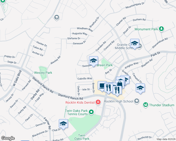 map of restaurants, bars, coffee shops, grocery stores, and more near 2712 San Marcos Court in Rocklin