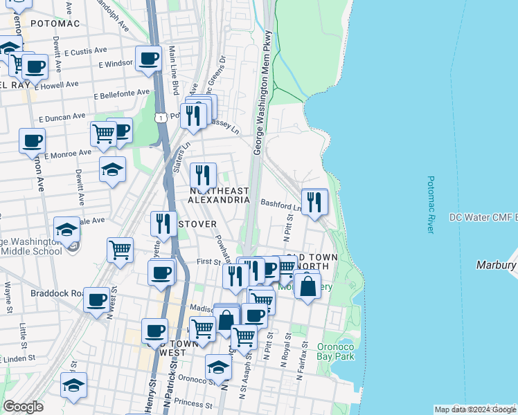 map of restaurants, bars, coffee shops, grocery stores, and more near 1251 East Abingdon Drive in Alexandria