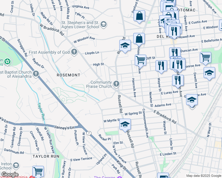 map of restaurants, bars, coffee shops, grocery stores, and more near 210 West Braddock Road in Alexandria