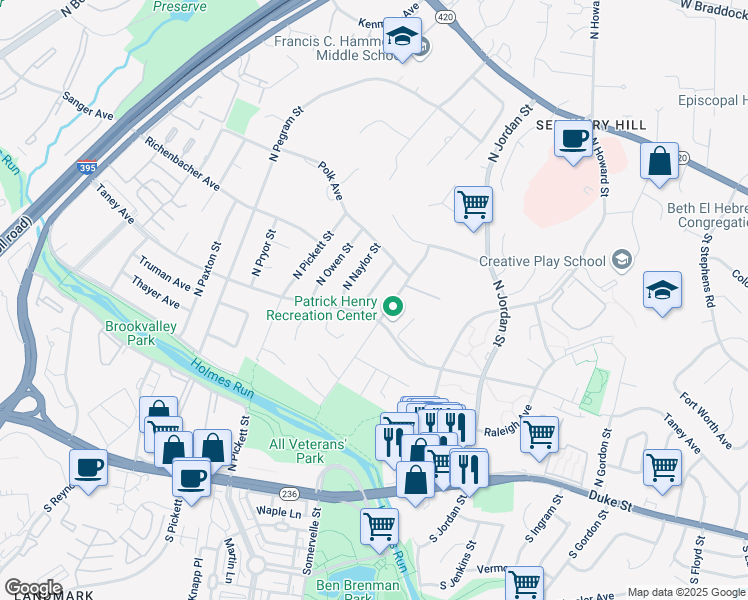 map of restaurants, bars, coffee shops, grocery stores, and more near 505 North Mansfield Street in Alexandria