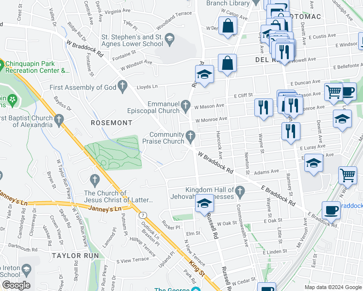 map of restaurants, bars, coffee shops, grocery stores, and more near 210 West Braddock Road in Alexandria