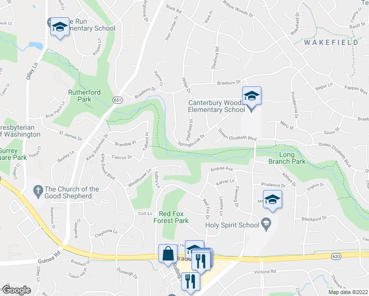 map of restaurants, bars, coffee shops, grocery stores, and more near 4764 Springbrook Drive in Annandale