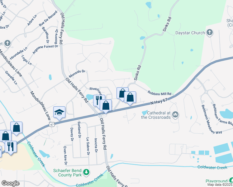 map of restaurants, bars, coffee shops, grocery stores, and more near 4323 Inlet Isle Drive in Florissant