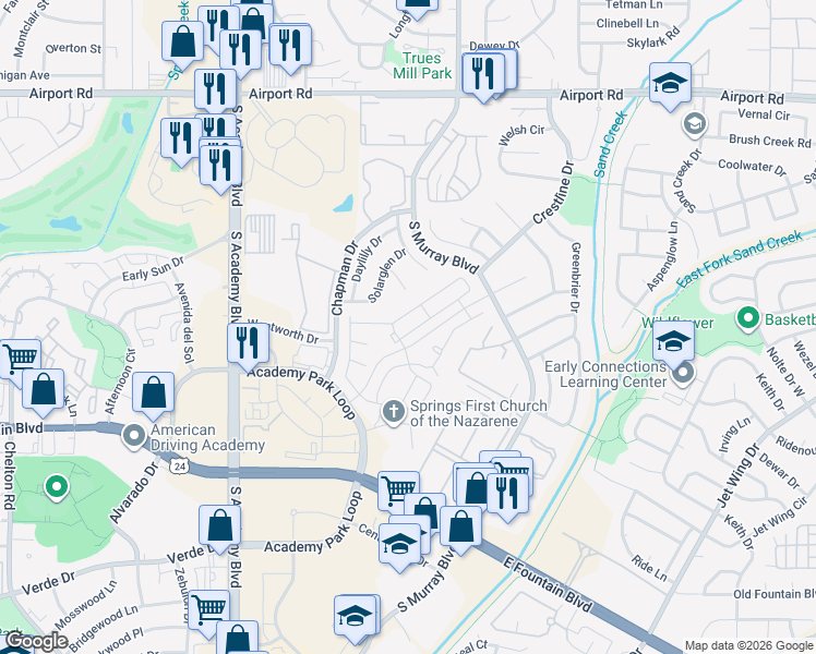map of restaurants, bars, coffee shops, grocery stores, and more near 4155 Solarglen Drive in Colorado Springs
