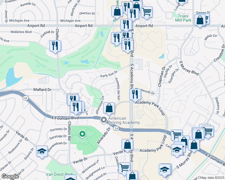 map of restaurants, bars, coffee shops, grocery stores, and more near 926 Acapulco Court in Colorado Springs