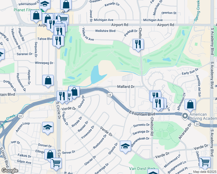 map of restaurants, bars, coffee shops, grocery stores, and more near 2948 Mallard Drive in Colorado Springs