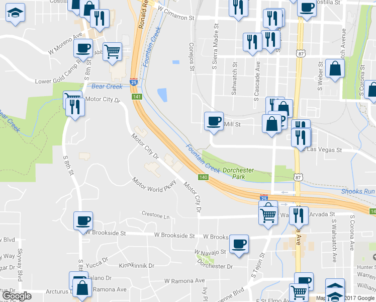 map of restaurants, bars, coffee shops, grocery stores, and more near 1032 South Sierra Madre Street in Colorado Springs
