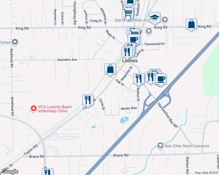 map of restaurants, bars, coffee shops, grocery stores, and more near 3767 Taylor Road in Loomis