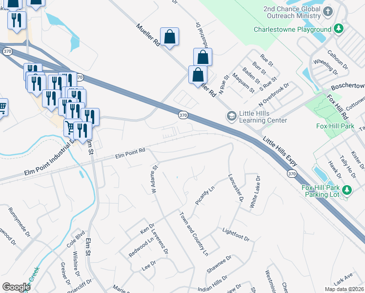 map of restaurants, bars, coffee shops, grocery stores, and more near 3333 Elm Point Road in Saint Charles