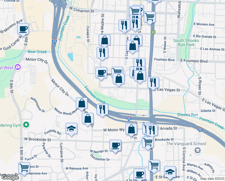 map of restaurants, bars, coffee shops, grocery stores, and more near 31 West Las Vegas Street in Colorado Springs