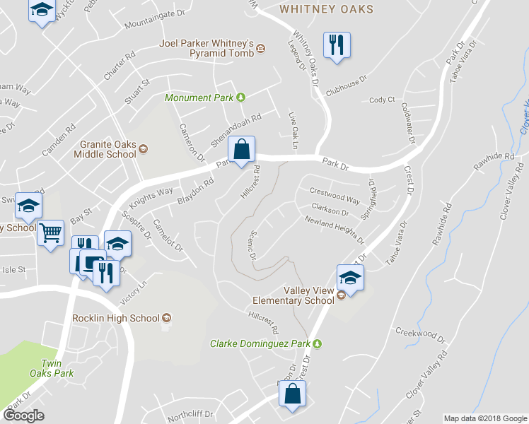 map of restaurants, bars, coffee shops, grocery stores, and more near 4514 Scenic Drive in Rocklin