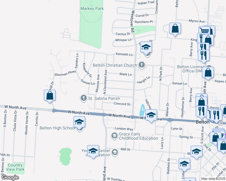 map of restaurants, bars, coffee shops, grocery stores, and more near 526 Sunset Lane in Belton