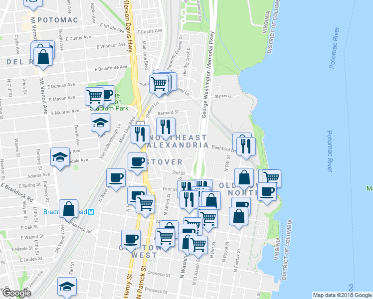 map of restaurants, bars, coffee shops, grocery stores, and more near 1222 Michigan Court in Alexandria