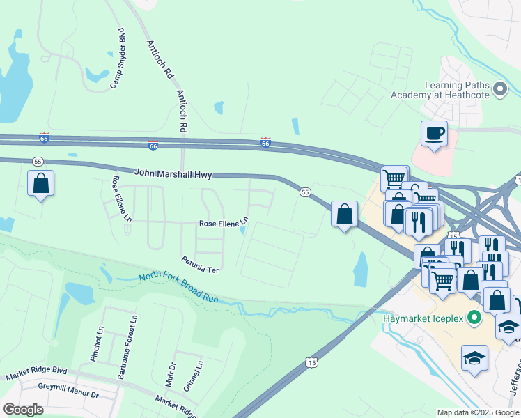 map of restaurants, bars, coffee shops, grocery stores, and more near 6470 Purple Aster Lane in Haymarket