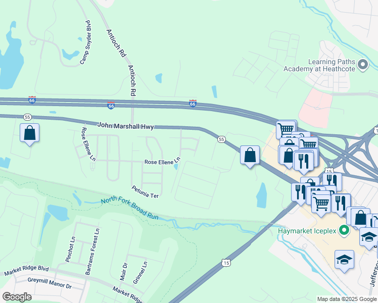 map of restaurants, bars, coffee shops, grocery stores, and more near 6470 Purple Aster Lane in Haymarket
