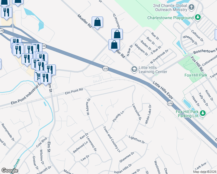 map of restaurants, bars, coffee shops, grocery stores, and more near 3333 Elm Point Road in Saint Charles