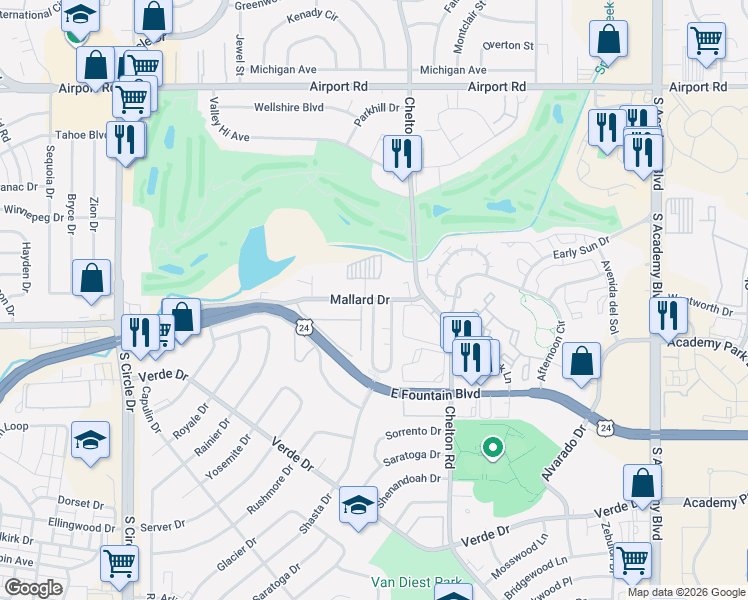 map of restaurants, bars, coffee shops, grocery stores, and more near Mallard Dr & Mazatlan Cir in Colorado Springs