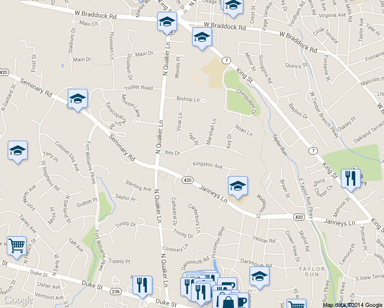 map of restaurants, bars, coffee shops, grocery stores, and more near 1338 Key Drive in Alexandria