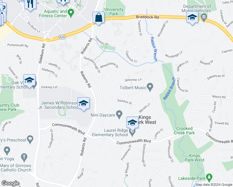map of restaurants, bars, coffee shops, grocery stores, and more near 10200 Marietta Court in Fairfax