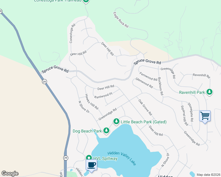 map of restaurants, bars, coffee shops, grocery stores, and more near 18427 Deer Hill Road in Hidden Valley Lake
