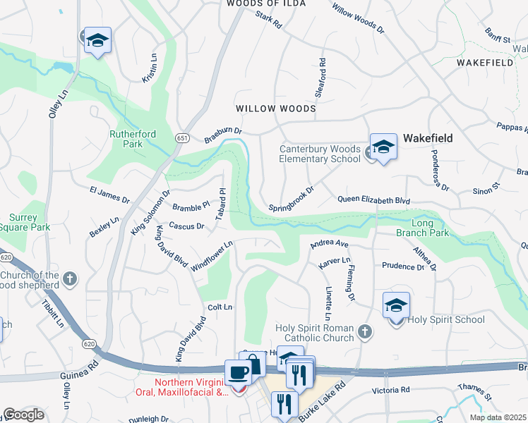 map of restaurants, bars, coffee shops, grocery stores, and more near 4756 Springbrook Drive in Annandale