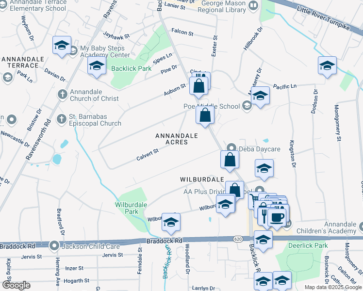 map of restaurants, bars, coffee shops, grocery stores, and more near 4806 Clemons Court in Annandale