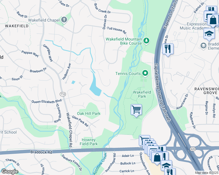 map of restaurants, bars, coffee shops, grocery stores, and more near 8265 Private Lane in Annandale