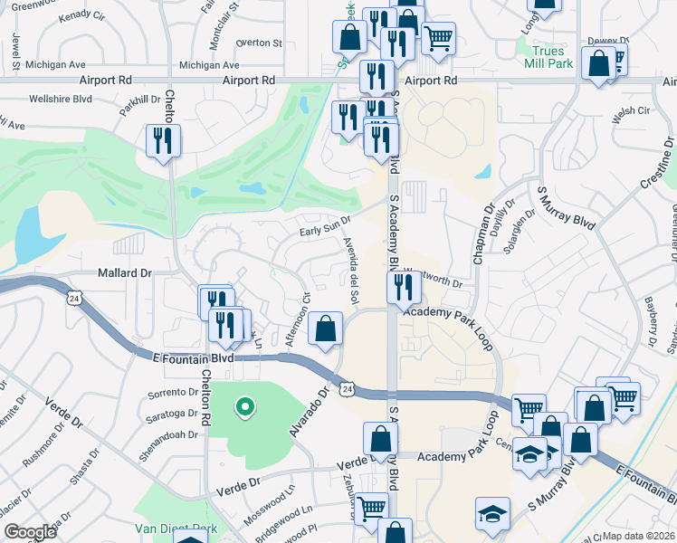map of restaurants, bars, coffee shops, grocery stores, and more near 952 Acapulco Court in Colorado Springs