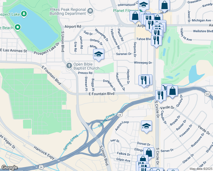 map of restaurants, bars, coffee shops, grocery stores, and more near 2118 Chalmers Road in Colorado Springs
